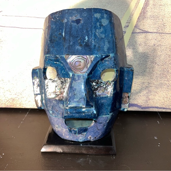 Mayan Aztec Death Mask Burial Mother of Pearl Sculpture 7” Tribal Mosaic Abalone - Picture 1 of 5